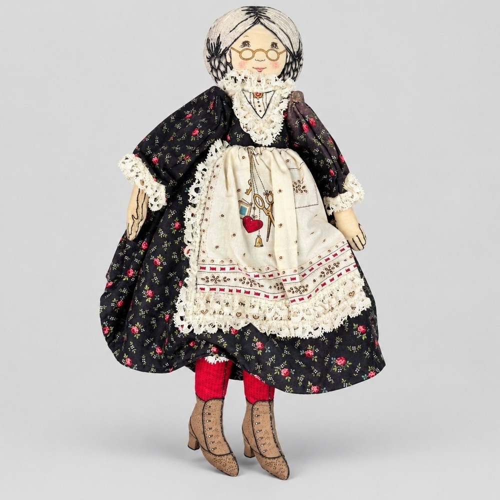 Vintage Style Handmade Cloth Rag Doll Grandmother Floral Dress Lace Apron 14"